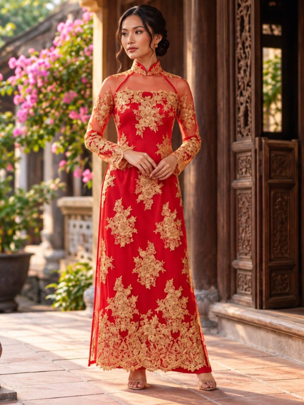 Vietnamese Bridal Ao Dai Red Gold Lace Wedding Tea Ceremony XS